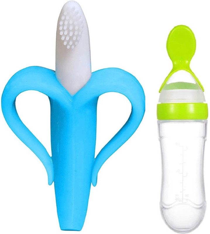 Profecto Baby Soft Bristle Banana Brush Teether with Feeding Spoon Bottle Ultra Soft Toothbrush(Pack of 2)