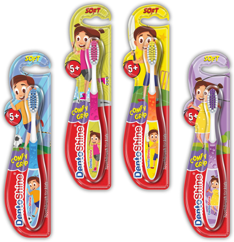 Dentoshine COMFY Grip Toothbrush for Kids Ages 5+ (Orange, Blue, Purple, Pink, Pack of 4 designs) Soft Toothbrush(Pack of 4)
