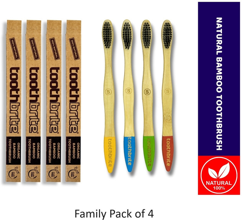 toothbrite Natural Bamboo Toothbrush with Charcoal Bristles Vegan 100% EcoSafe Family pack Soft Toothbrush(Pack of 4)