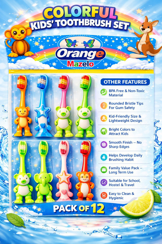 Orandge Orange Mazelo Kids Toothbrush – Set of 12 (Soft Bristles) cartoon handle Soft Toothbrush(Pack of 12)