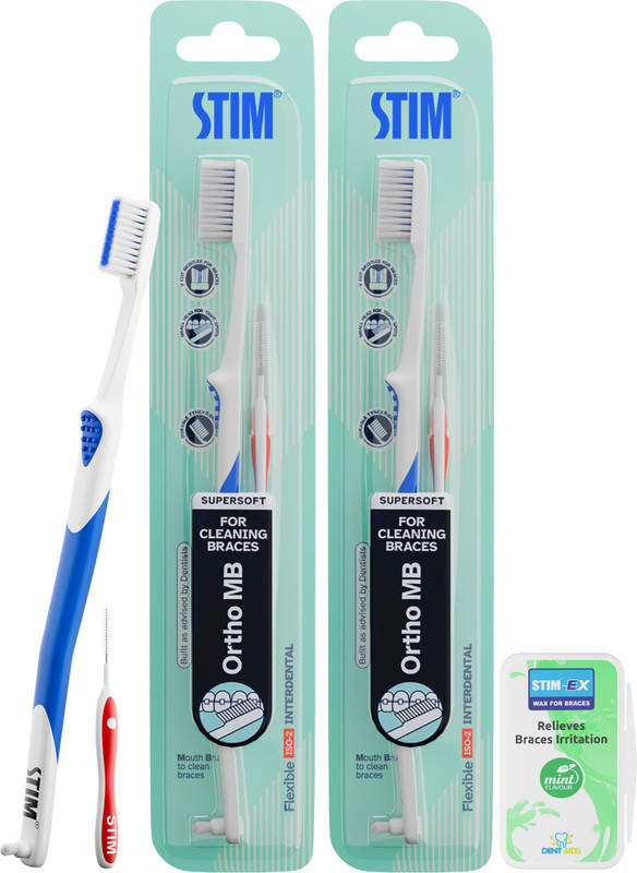 STIM Ortho MB Toothbrush Combo with Wax Strip for Braces Care Soft Toothbrush