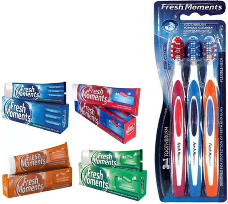 fresh moments BLUE+GREEN+ORANGE+RED TOOTHPASTES (100GM EACH) +3 IN 1 TOOTHBRUSH (COMBO) Soft Toothbrush(Pack of 3)