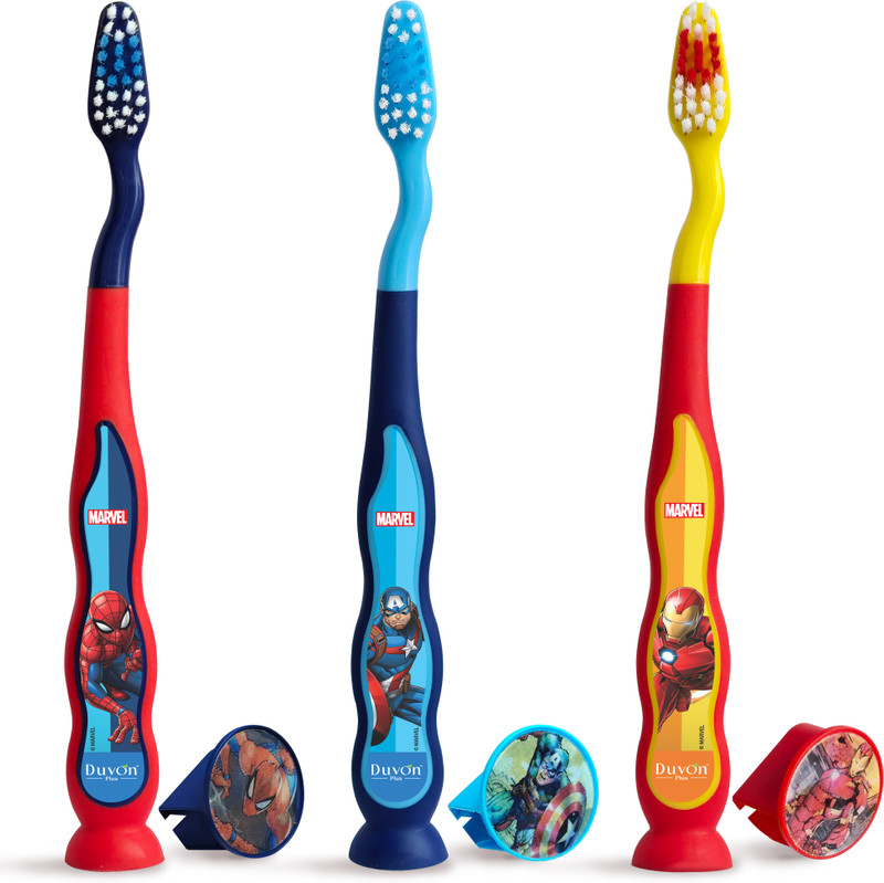 Duvon Plus Kids Toothbrush Set of 3 with Hygiene Cap | Spiderman, Iron Man, Captain America Extra Soft Toothbrush(Pack of 3)