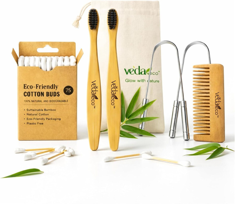 VEDAeco Bamboo Toothbrush & Cotton Buds with Wooden Comb and Tongue Cleaner Kit Medium Toothbrush(Pack of 6)