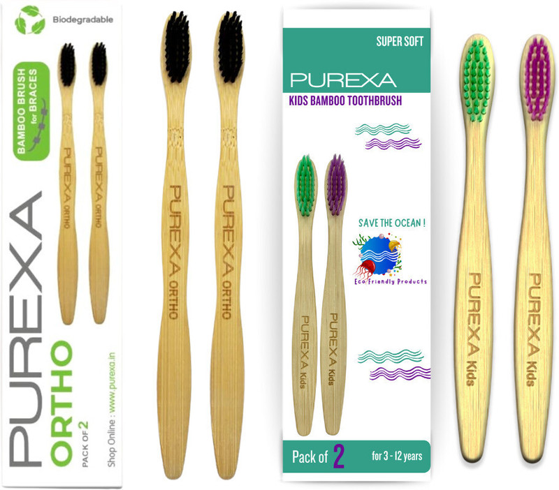 PUREXA Combo Orthodontic toothbrush For Braces And Kids Bamboo Tooth brush Extra Soft Toothbrush(Pack of 4)