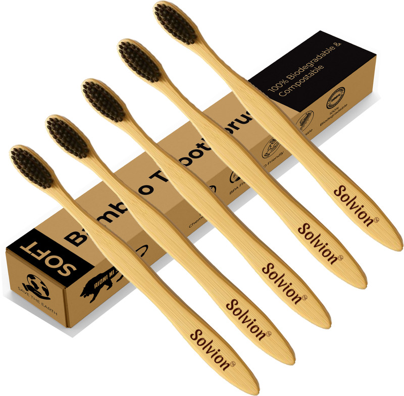 Beco Bamboo Toothbrush with Charcoal Activated Soft Bristles – 100% Eco-friendly – Pack of 3 Medium Toothbrush(Pack of 3)