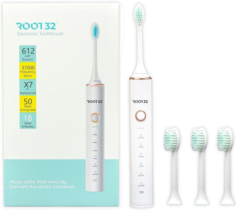 Root32 Soft Dupont Bristles 37000 Frequency 6 Modes 4 Brush Heads Toothbrush Toothpaste Toothbrush Sanitizer(1 Brushes)