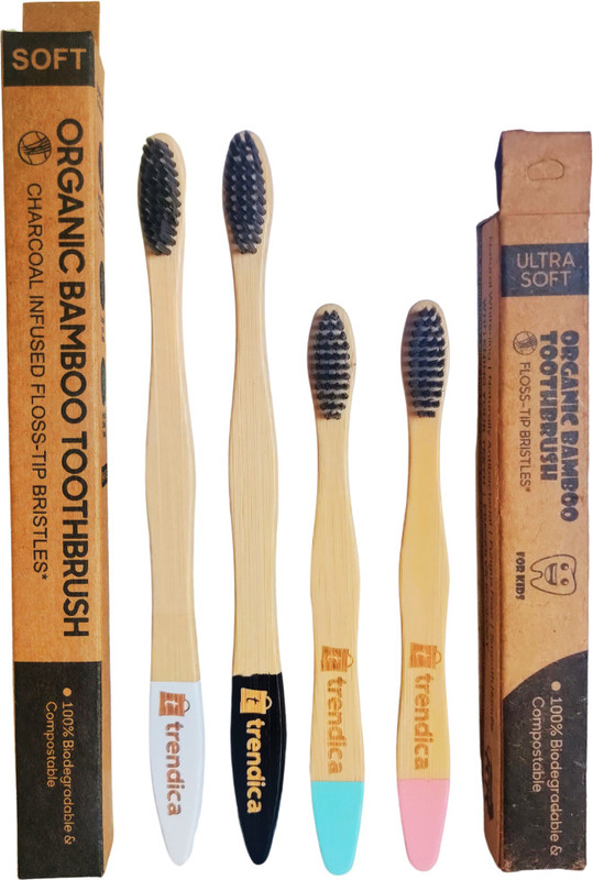 Trendica Bamboo Charcoal Activated Toothbrush with Painted Bottom Family Pack Soft Toothbrush(Pack of 4)