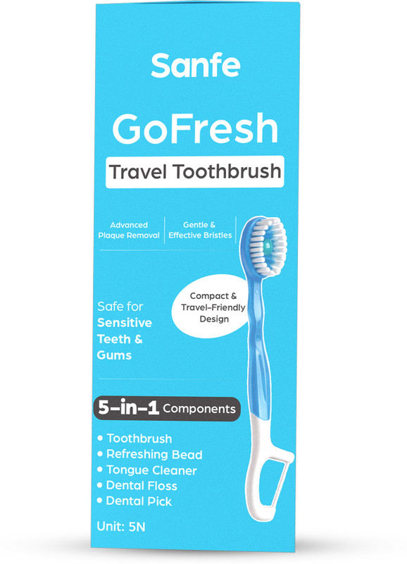 Sanfe GoFresh Travel Toothbrush Refreshing Bead, Tongue Cleaner, Dental Floss & Pick Soft Toothbrush(Pack of 5)