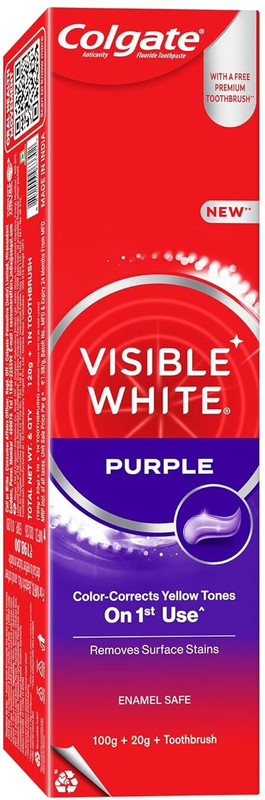 Colgate Visible White Purple Toothpaste, Color-Corrects Yellow Tone on 1st Use^ (Pack 1) Toothpaste(120 g)