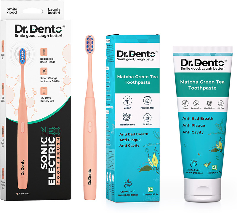 Dr.Dento Neo Coral Red Electric Toothbrush + Matcha Green Tea Toothpaste 125g | Vegan | Battery Powered(2 Items in the set)