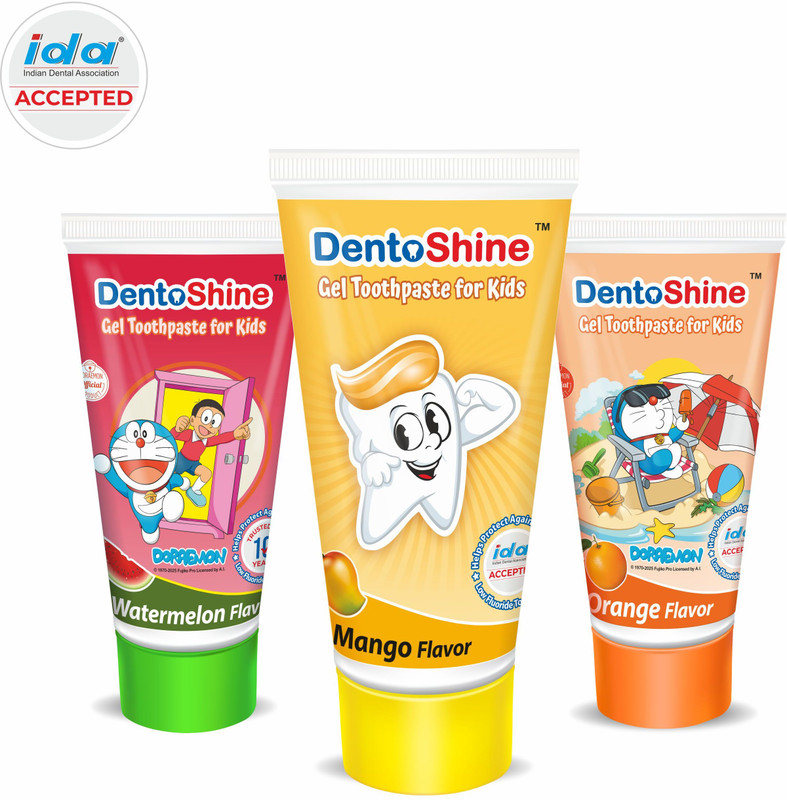 Dentoshine Gel Toothpaste for Kids - Pack of 3 Flavors (Orange, Mango, Watermelon, 80 g each) Toothpaste(240 g, Pack of 3)