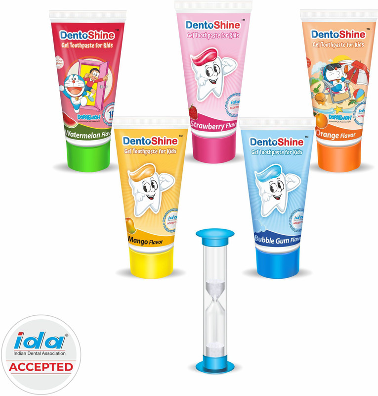 Dentoshine Gel Toothpaste for Kids - 5 Flavors with 2 min Manual Timer, Pack of 5 Toothpaste(400 g, Pack of 5)