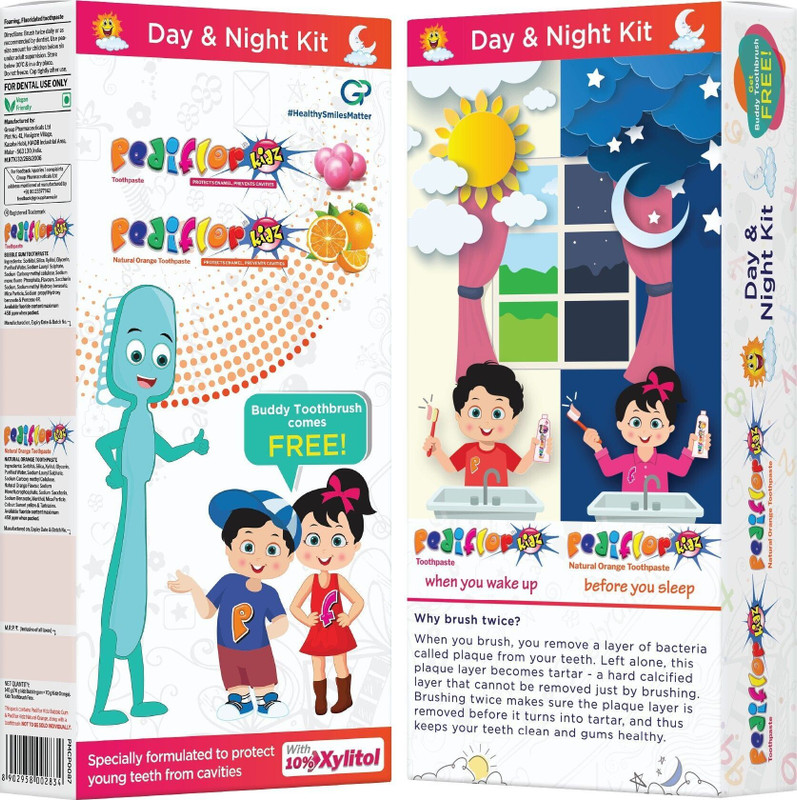 PEDIFLOR Day & Night Kit with Buddy Toothbrush | Bubblegum & Orange Flavour | Pack of 2 Toothpaste(400 g, Pack of 3)
