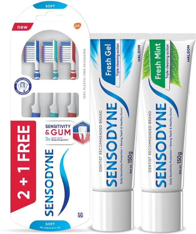 SENSODYNE Paste & Brush Combo 1 Fresh Gel 150gm+1 Fresh Mint 150gm+3 Sensitivity&Gum brush Toothpaste(300 g, Pack of 3)