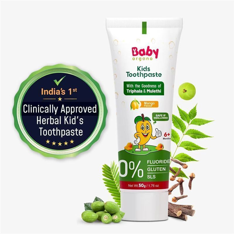 BabyOrgano Mango Flavor Baby Toothpaste 1-5 Yrs, Fluoride & SLS Free, Prevents Cavities Toothpaste(50 g)