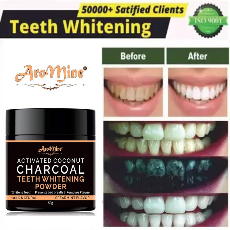 AroMine Natural Organic Teeth Whitening Charcoal Powder | For Tobacco Stain, Tartar, Gutkha Stain and Yellow Teeth Removal | No Side Effect Teeth Whitening Kit