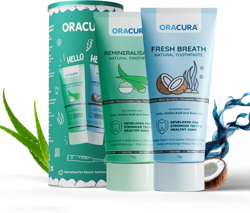 ORACURA Natural Toothpaste for Remineralisation & Fresh Breath (Aloevera + Coconut) Toothpaste(150 g, Pack of 2)