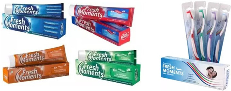 fresh moments orange + blue + red + green toothpastes + brush set of 4 combo Toothpaste(400 g, Pack of 4)