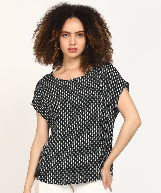 Hailys Casual Short Sleeve Printed Women Black Top