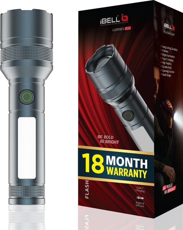 iBELL LUMINEX 800 Rechargeable Flashlight High Power,6 Light Mode,Telescopic Zoom,LED Torch(Grey, 15 cm, Rechargeable)