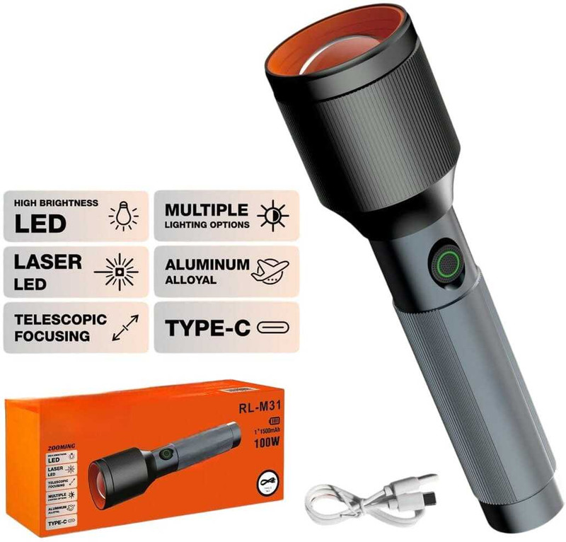 Kay-Joy RL-M31 Aluminium Body Torch with LED & Laser | 100W Powerful Light Torch(Grey, 18 cm, Rechargeable)