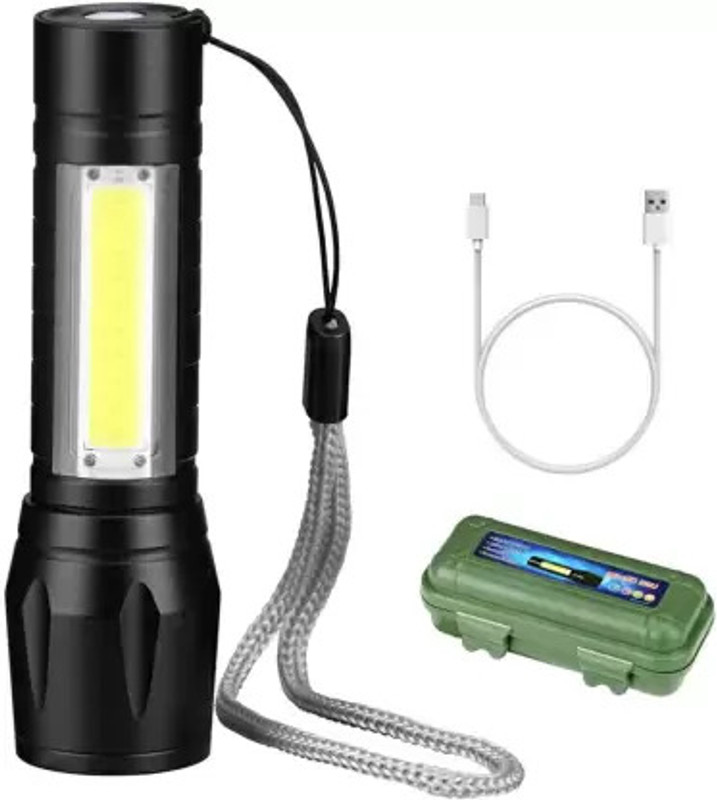 KAVANA Portable Aluminum COB Tactical Torch Waterproof LED USB Rechargeable Torch 5 hrs Torch Emergency Light(Black)