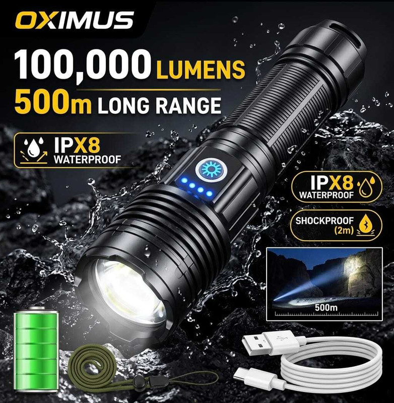 Oximus Super Bright LED Flashlight 5 Modes Medium / Low/ Sos Ultra Long Lasting Torch(Black, 20 cm, Rechargeable)