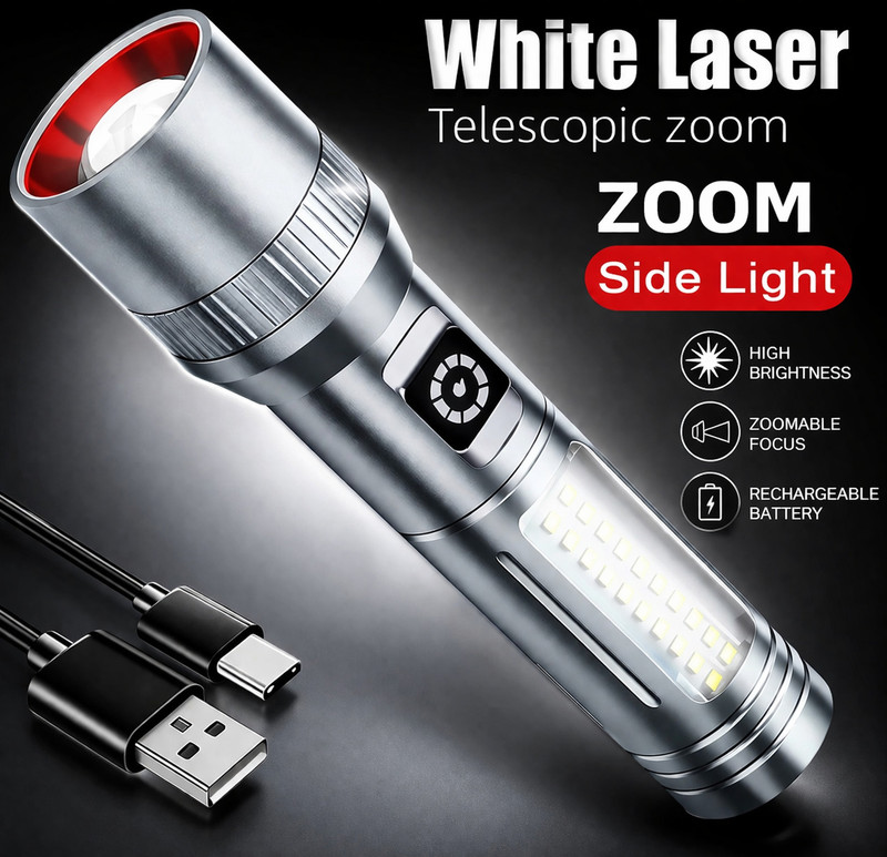 CRENTILA M15 High Power LED Torch with Zoom Focus & Side Light, Rechargeable Flashlight Torch(Silver, 15.5 cm, Rechargeable)