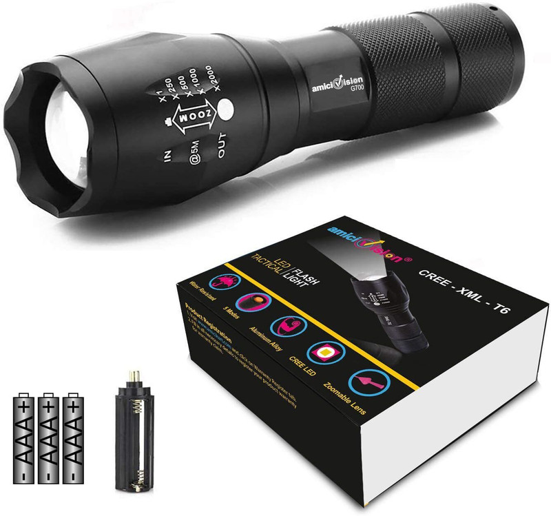amiciVision Flashlight LED Tactical Best T6 G700 Water Resistance 5 Modes Adjustable Focus Torch(Black, 13.5 cm)