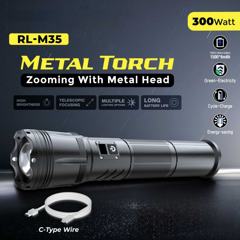 Kay-Joy RL-M35 Metal Torch 300W | Ultra Bright Rechargeable LED Flashlight with Type-C Torch(Grey, Black, 25 cm, Rechargeable)