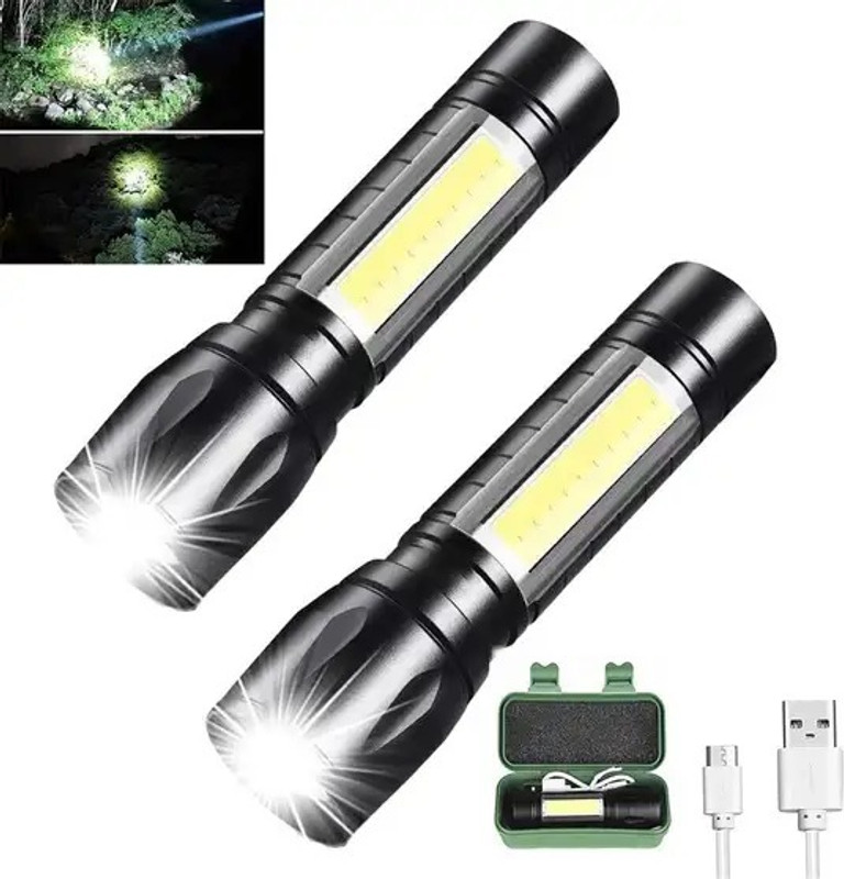 Aubade (Pack of 2) Mini Pocket Light Zoom COB USB Charging Led Water Proof 8 hrs Torch Emergency Light(Black)