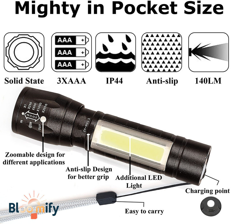 BloomiFy BMT-M2 Mini Metal Body Torch - Waterproof, Chargeable, Pocket-Sized Torch(Black, 9 cm, Rechargeable)