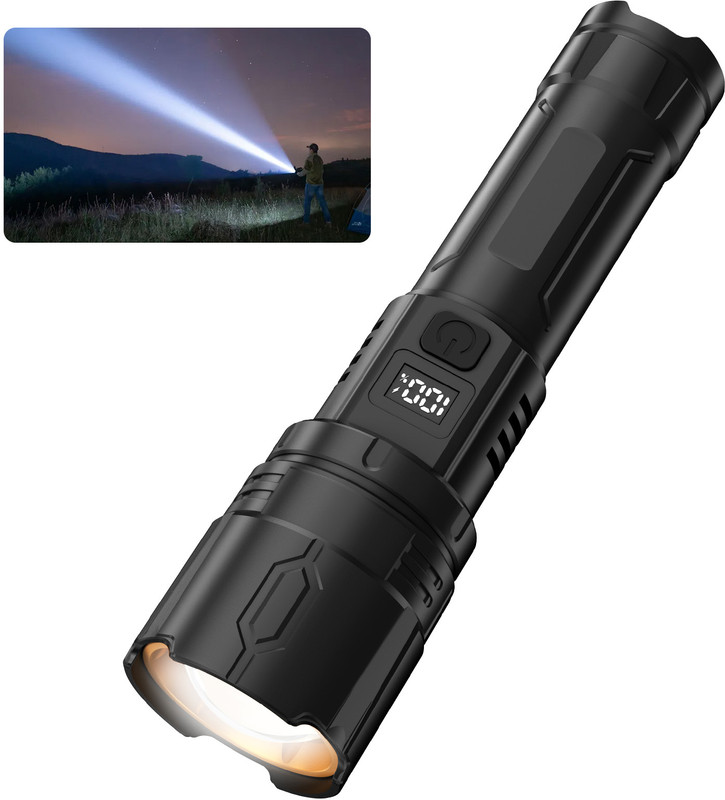 UN1QUE 1800mAh LED Flashlight with 4 Light Modes & USB Output Port, Hand Light Torch(Black, 18.1 cm, Rechargeable)