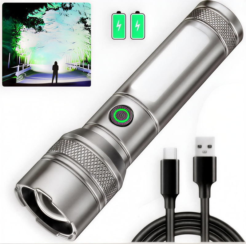 Aubade M15 Rechargeable 100W LED Flashlight with Zoom, Type-C Fast Charging, Side Light Torch(Silver, 13.5 cm, Rechargeable)