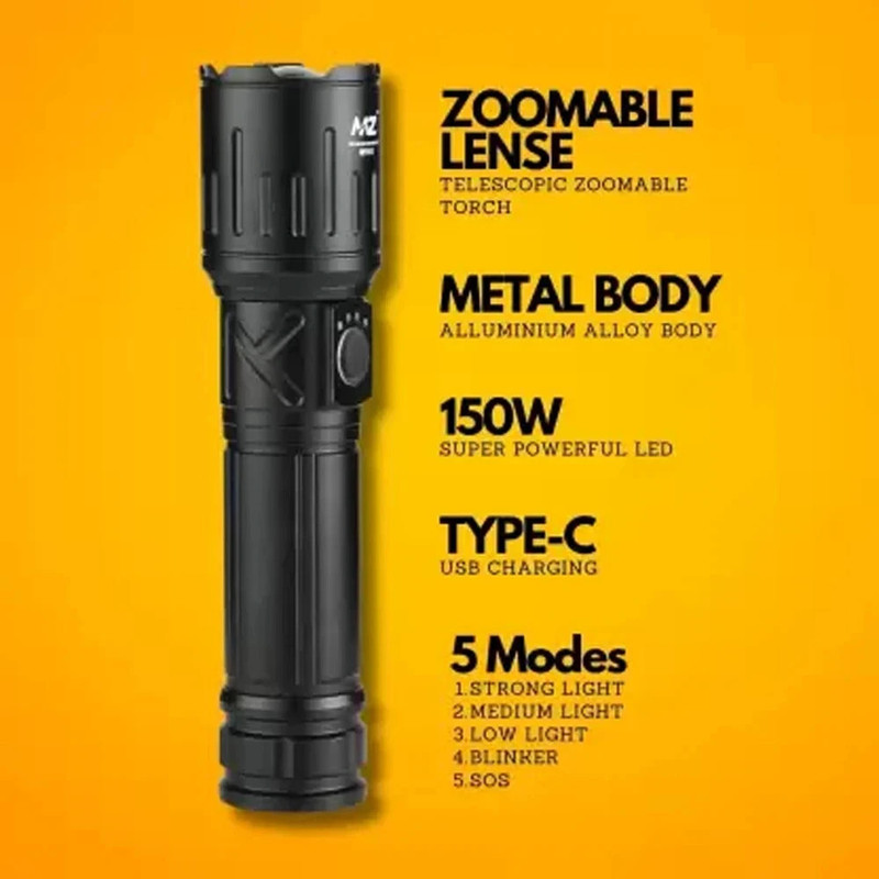iDOLESHOP Metal Body Zoomable 1000 Meter|1 Km High Power Long Range & Type-C Torch(Black, 16 cm, Rechargeable)