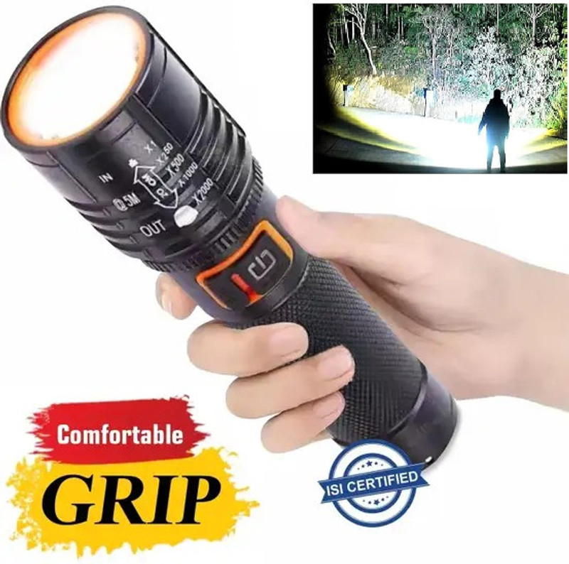 CRENTILA Metal Led Light Long Range 1000 Meter|1 Km High Power Zoomable & Type-C Torch(Black, 13.5 cm, Rechargeable)