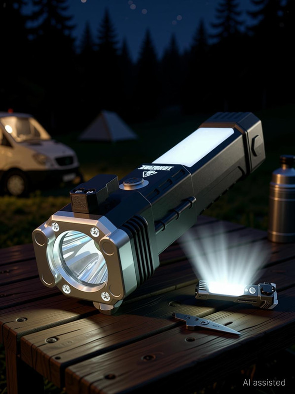 SEBON LED Flashlight with Magnets, hammer with 4 in 1 option - M12 Torch(Black, 15 cm, Rechargeable)