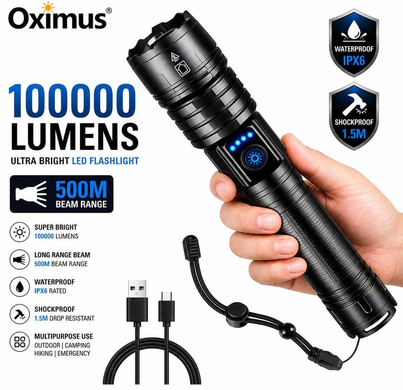 Oximus Waterproof LED Flashlight 5 Modes Medium / Low/ Sos Aircraft Aluminum Body Torch(Black, 20 cm, Rechargeable)