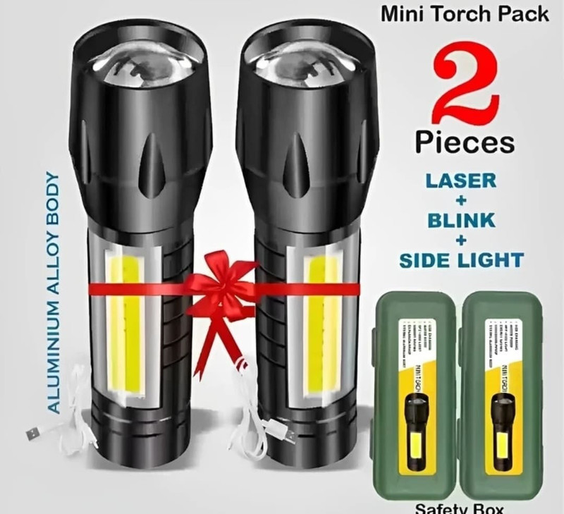 Aubade (Pack of 2) Mini Pocket Light Zoom COB USB Charging Led Water Proof Torch(Black, 9.5 cm, Rechargeable)