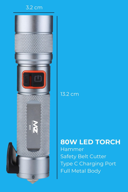 MIZUN MZM987-CAR EMERGENCY LIGHT-4 Modes with Hammer and Seatbelt cutter Zoomable Torch(Silver, 13.2 cm, Rechargeable)