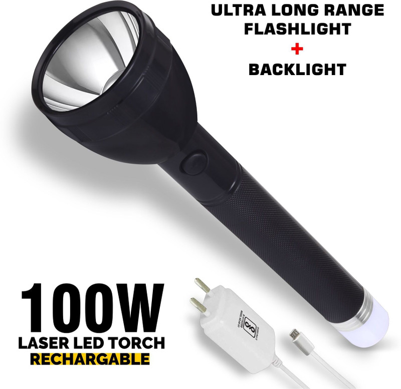 24 ENERGY Long Range 2X Power Lithium battery with emergency backlight with Charger Torch(Black, 28 cm, Rechargeable)