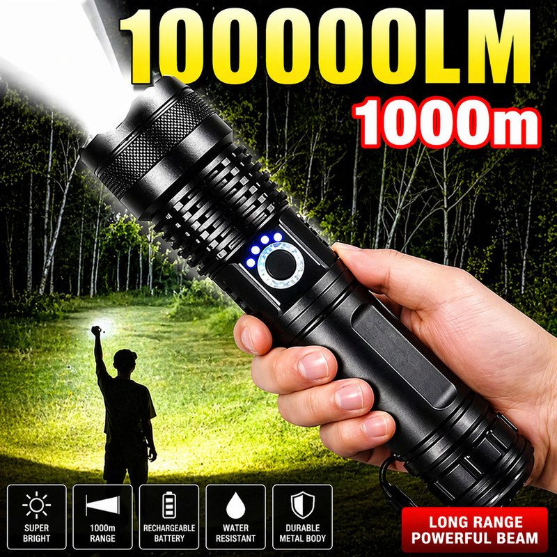 CRENTILA Super Bright LED Flashlight 1000 Meter Range Waterproof Torch for Outdoor Use Torch(Black, 16.5 cm, Rechargeable)