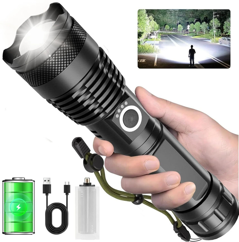 HYMASA Metal Led Light Long Range 1000 Meter 1 Km High Power Zoomable & Type-C Torch(Black, 18 cm, Rechargeable)