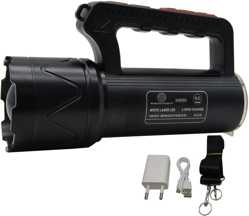 RENMAX Super Bright LED Searchlight 2km Range 400W High/Low/Blinker & Tail Light Torch(Black, 20 cm, Rechargeable)