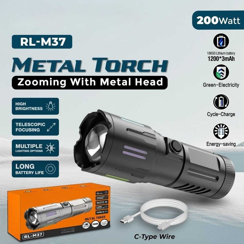 PICSTAR RL-M37 200W LED Flashlight with C-Type Wire, Long Battery Life & Zoom Head Torch(Black, Silver, 23 cm, Rechargeable)