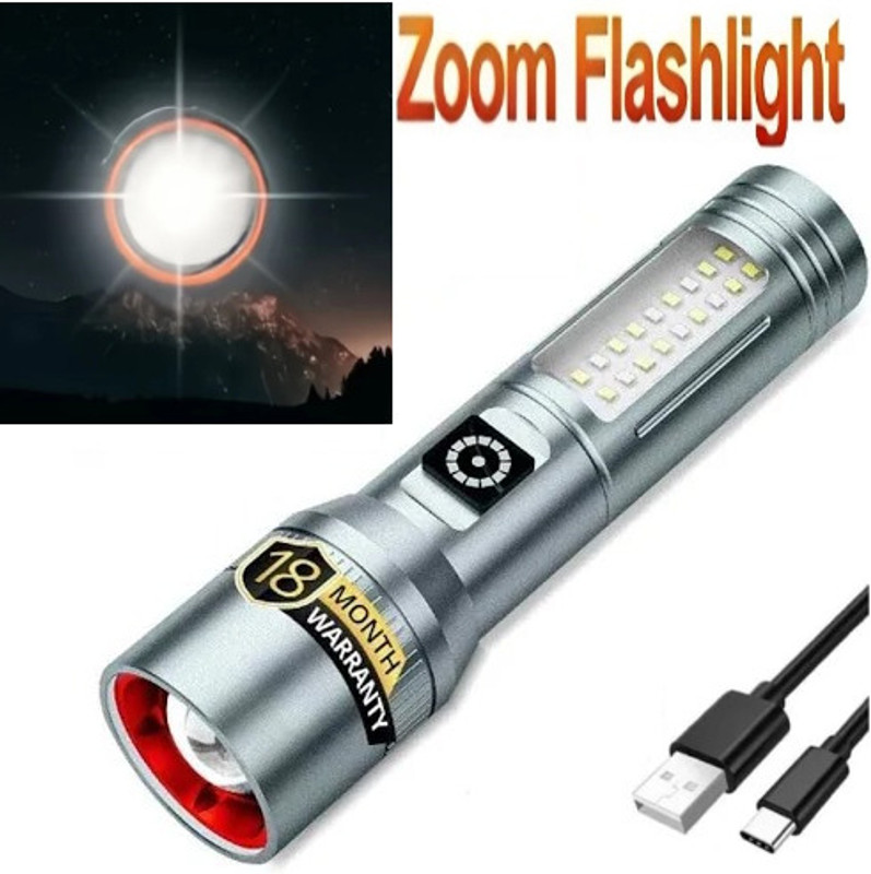 Zeno volt M15 Metal Led Torch Light Long Range 2 Km With Type C Charging Port Torch ( 8 hrs Torch Emergency Light(Silver)