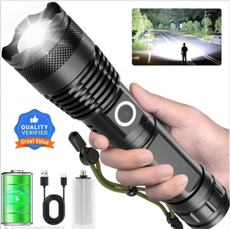 Zeno volt AD983 LED Flashlight, 10000 Lumens Extremely Bright Rechargeable Type C Tactical Torch(Black, 18 cm, Rechargeable)