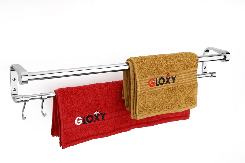 GLOXY 24 Inch Dual Bar Towel Rod | Stainless Steel Towel Hanger for Bathroom Stainless Steel Toothbrush Holder(Silver, Wall Mount)