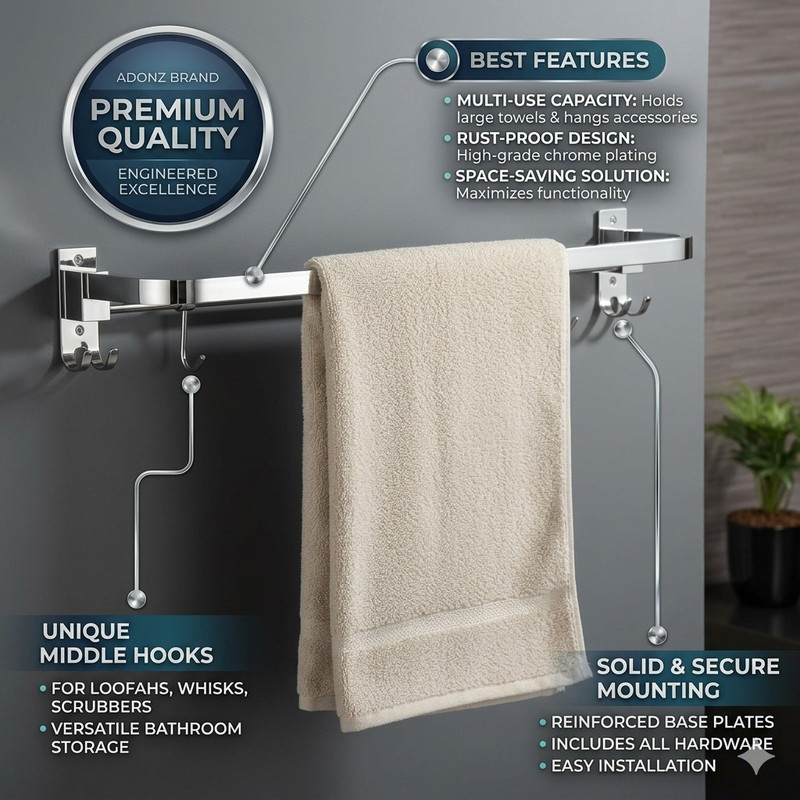 ADONZ Anti Rust 304 Folding Rod with Hooks, Towel Rack,Towel Bar 24 inch 1 Bar Towel Rod(Stainless Steel, Steel Pack of 1)